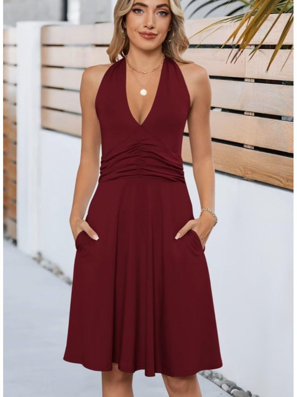 Women's Wine Red Sundress Summer Sleeveless Halter Neck Casual Beach Dress - Picture 5 of 6